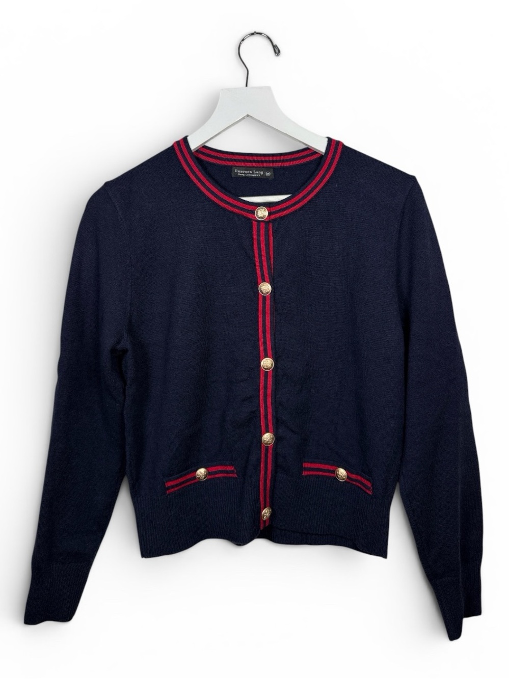 Emerson Lang Luxury Quality Cardigan Sweater in Navy with Red trim W2437 Sz M